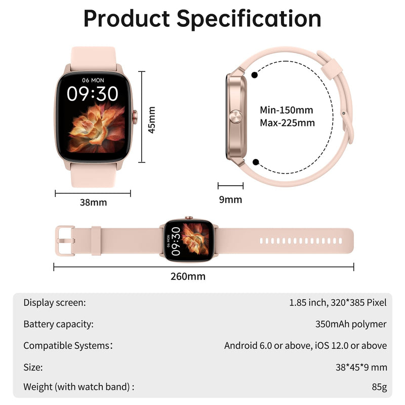 Smart Watches for Women Men with Bluetooth Call & AI Voice, 1.85" HD Fitness Tracker with Heart Rate SpO2 Sleep Monitor, 100+ Sports Modes,Mini Games, IP68 Waterproof Smartwatch for Android iOS Phones Light Pink