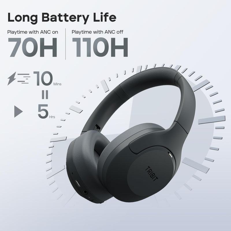 Tribit QuietPlus 81 Wireless Over-Ear Headphones, 110H Playtime, Black | Noise Cancelling, Bluetooth 6.0, 6 EQ Modes via App, Deep Bass, Headset, Comfortable, Lightweight, Foldable, Home, Travel