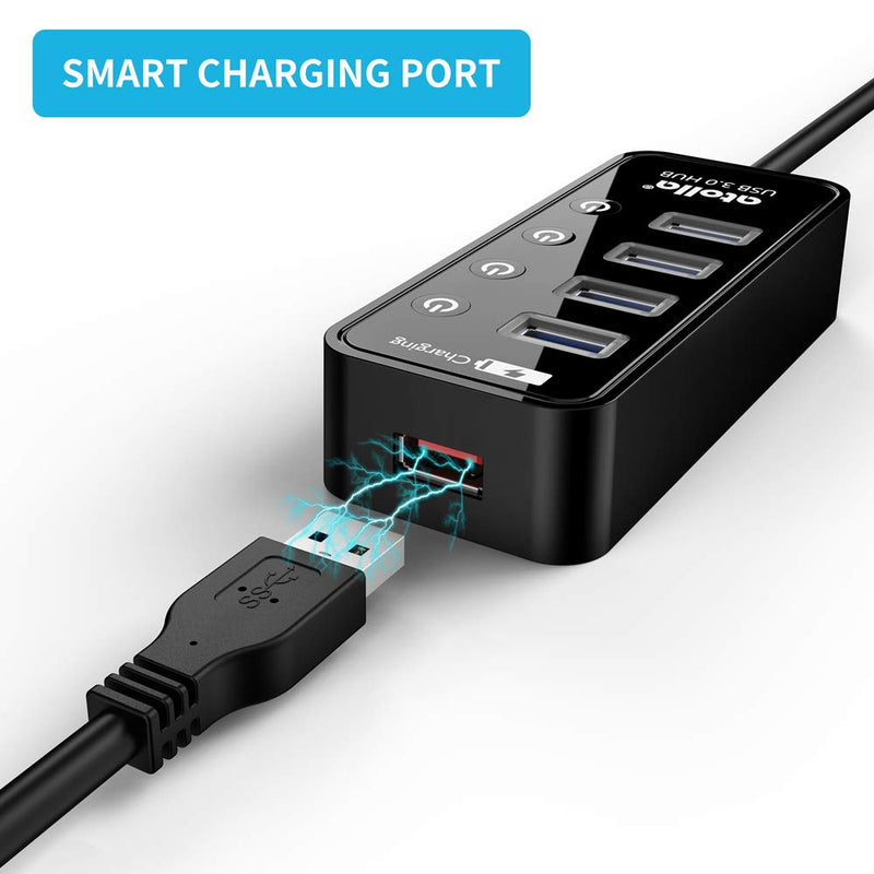 Powered USB Hub, atolla 4-Port USB 3.0 Hub with 4 USB 3.0 Data Ports and 1 USB Smart Charging Port, USB Splitter with Individual On/Off Switches and 5V/3A Power Adapter