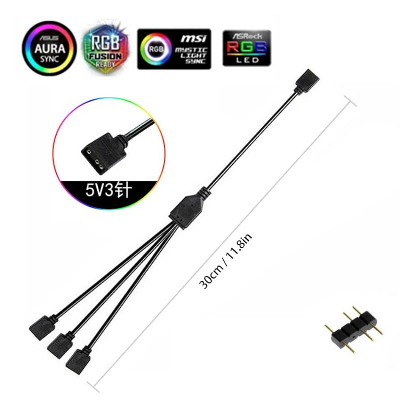 ARGB Splitter Cable?1 to 3, 3-Pin Extension Cable, Allowing F The Connection of Its Addressable ARGB LED Or ARGB Fan Through A Single Motherboard+5V 3-Pin ARGB Connector, 30CM/11.8IN 2Pcs 3 Pin ARGB Cable 1 to3