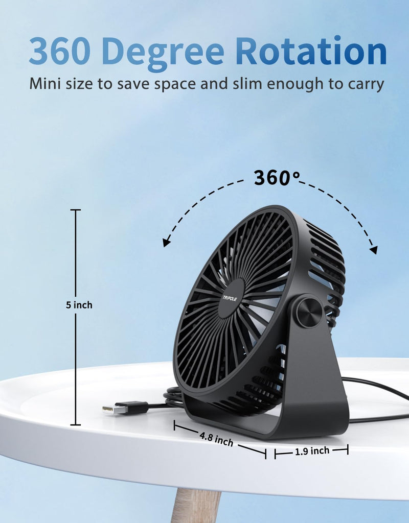 [AUSTRALIA] - TriPole USB Desk Fan 4.5 Inches Portable Mini Fan Powerful 3 Speeds Wind Personal Desktop Fan with 360° Head Rotation for Home Office Car Indoor Outdoor 2 Pack Black Black + Black 