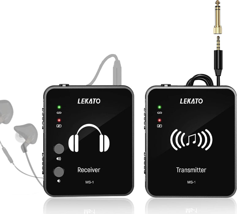 LEKATO Wireless in Ear Monitor System 2.4GHz, Stereo in-Ear Monitoring with Transmitter Receiver Clip-On, One to Many, Auto-Pairing, Wireless IEM for Band Rehearsal,Studio, Church,Small Gigs(MS-1) Black