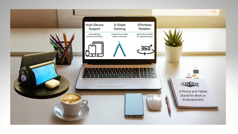 Mobile Cell Phone and Tablet Stand Holder with Audio Enhancement, Dual Docking, Non-Slip Base Pads. Mounts on Desk, Kitchen Counter, Nightstand or Bed. Buy The Stand Get The Turntable Free!