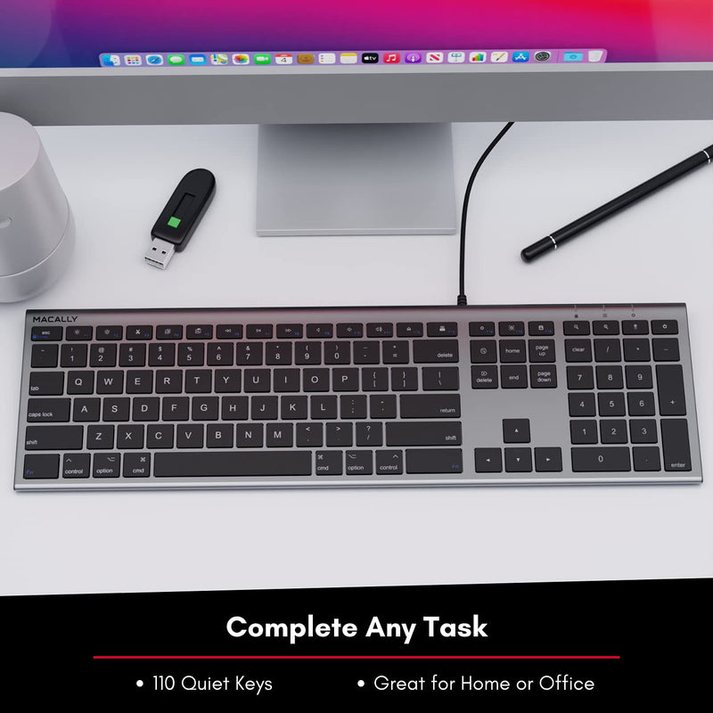 Macally Ultra-Slim USB Wired Computer Keyboard - Works Great as Both a Windows or Wired Mac Keyboard - Compatible Full Size Apple Keyboard with Numeric Keypad for Mac Mini, iMac, MacBook - Space Gray Space Grey