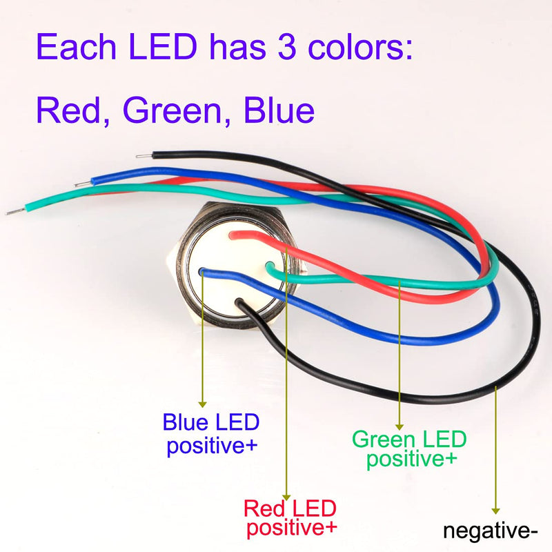 GUUZI 4pcs 12V-24V RGB Triple (Red Green Blue) Metal LED Indicator Light 19 mm Waterproof Signal Lamp with Cable Red/Green/Blue-19 Mm