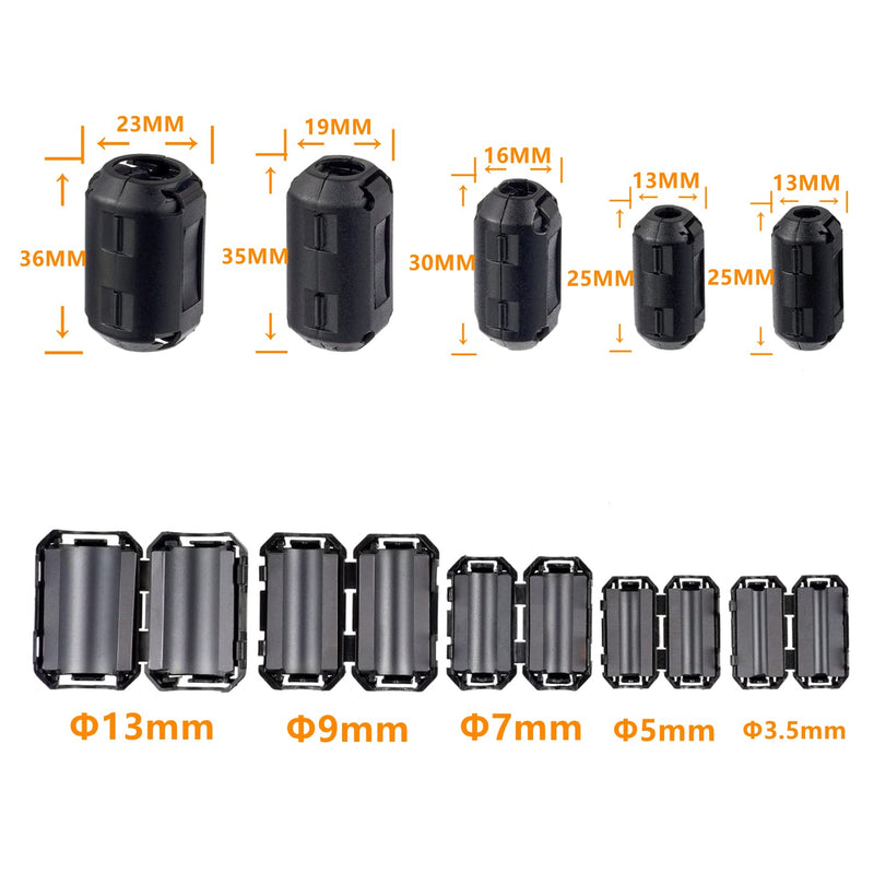 5 Values 28 Pcs Black Clip-on Ferrite Ring Core RFI EMI Noise Suppressor Cable Clip for 3.5mm 5mm 7mm 9mm 13mm Diameter Cable HR- CORE-28P