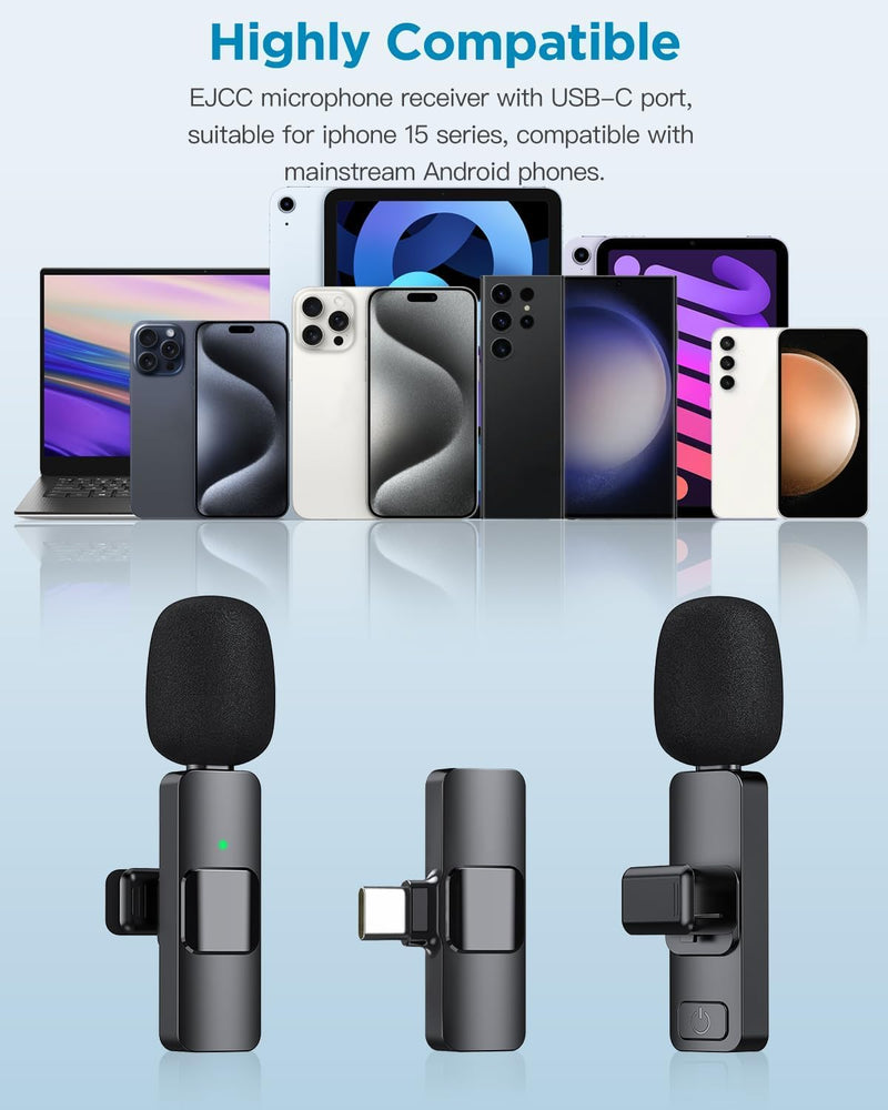 2 Pack Wireless Microphone for iPhone 15 Series,iPad,Android, USB-C Wireless Clip-on Microphones for iPhone Video Recording, YouTube, Interview, TikTok, Vlog, MC-1