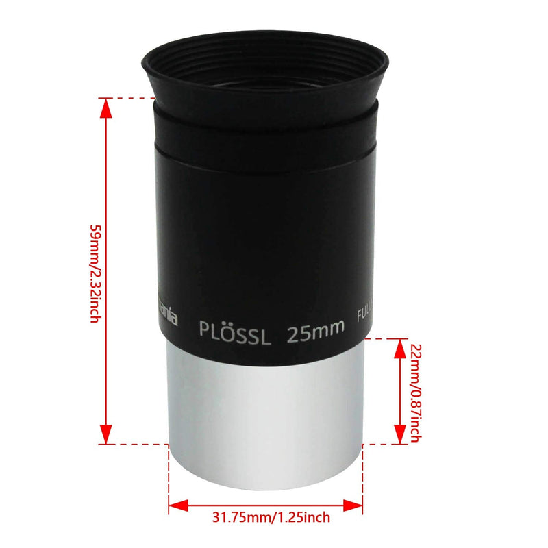 Astromania 1.25" 25mm Plossl Telescope Eyepiece - 4-Element Plossl Design - Threaded for Standard 1.25inch Astronomy Filters