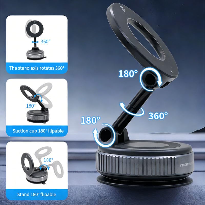 Vacuum Lock Magnetic Car Phone Mount, Universal Holder for All Phones, Anti-Vibration Strong Magnet 360° Foldable Holder for Dashboard, Windshield, Mirror & Gym, Compatible with Magsafe