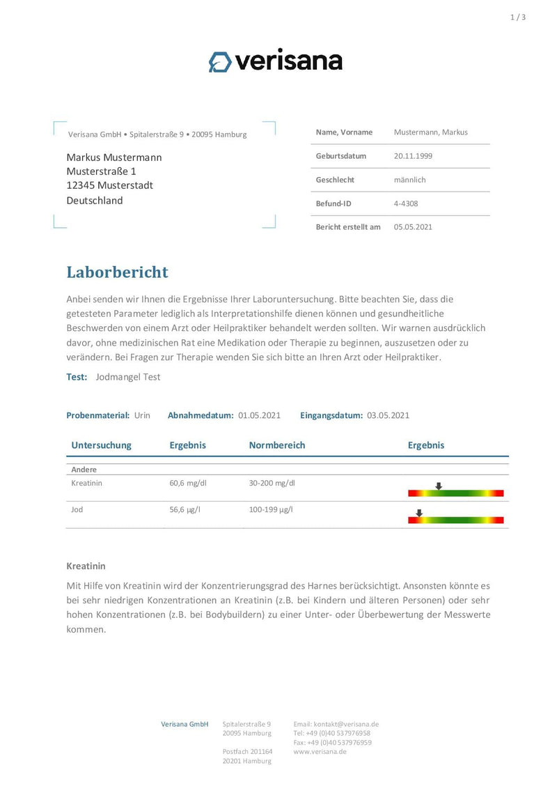 Iodine Deficiency Test Kit - Iodine Test for Iodine and Creatinine - Easy & Convenient Determine at Home - Iodine Deficiency and Thyroid Gland - Verisana Laboratory