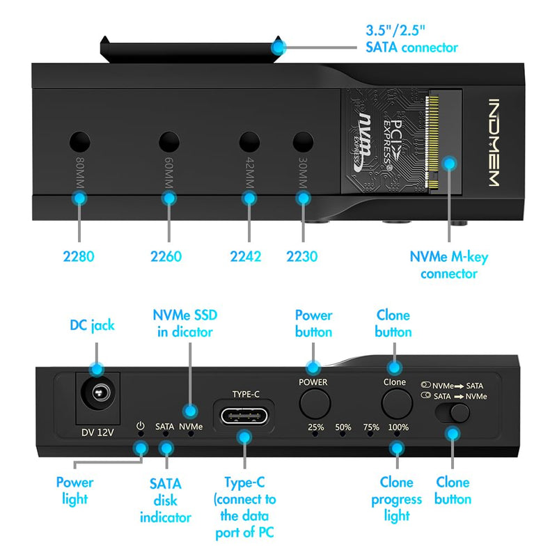 M.2 NVMe SSD Enclosure Adapter, 10Gbps SATA & M.2. NVMe Dual Bay Offline Clone USB-C Adapters Supports 3.5"/2.5" SATA SSD, Type-C Standalone Clone Duplicator Solid State Drive