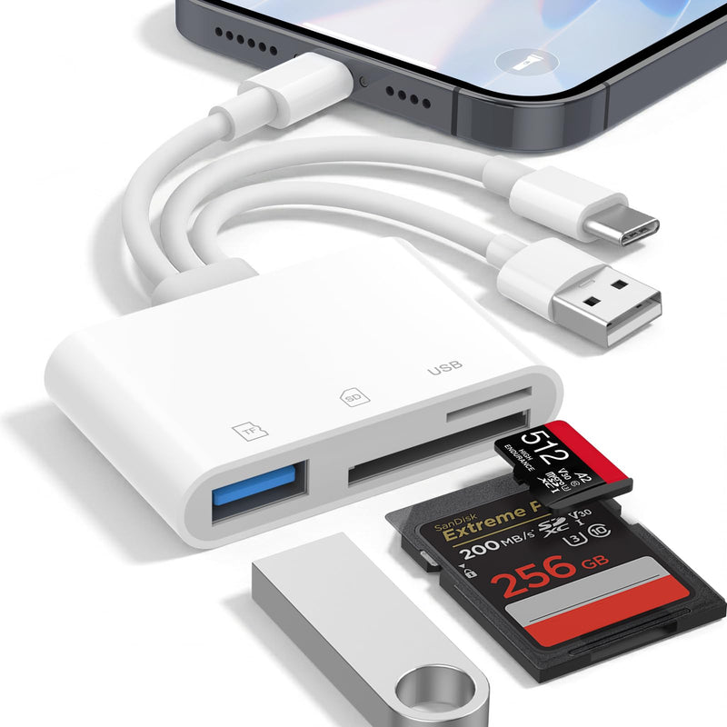SD Card Reader for iPhone iPad Mac, 3 in 1 Memory SD Card Adapter, USB C & Lightning & USB-A Digital Camera Adapter to iPhone with SD/MicroSD/USB OTG Slots, High-Speed Plug & Play for Computer Laptop