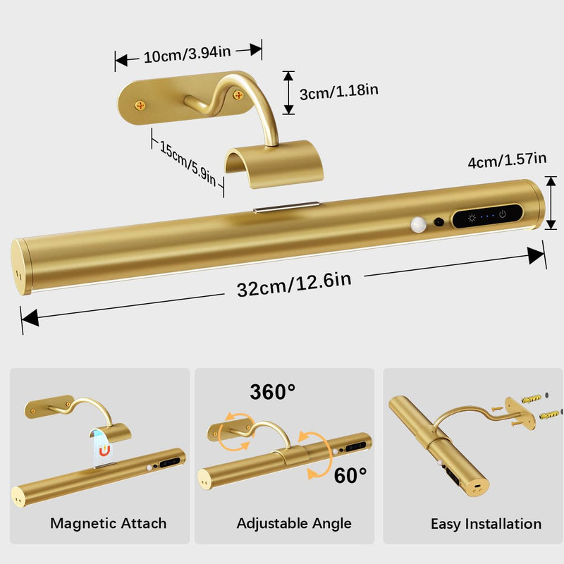 [AUSTRALIA] - Hapfish Motion Sensor Battery Operated Wall Sconce, Wireless Picture Lights for Wall, Rechargeable Magnetic Art Lighting with Remote Control, Battery Picture Light for Poster Dartboard Mirror – Gold Motion Sensor Gold 