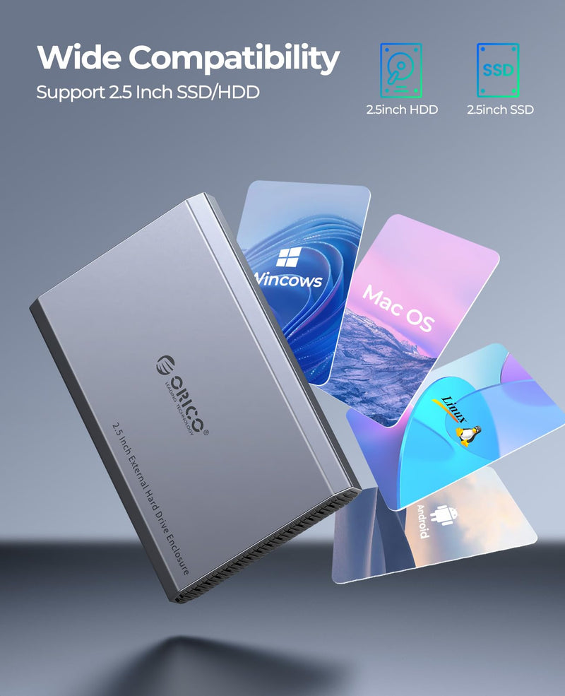 ORICO Aluminum USB C Hard Drive Enclosure for 2.5 Inch SATA SSD/HDD, USB 3.2 GEN 2 USB C to USB A/C 2 in 1 Cable, Support macOS Windows Linux OS, Compatible with SAMSUNG Crucial WD Drives(DD25-C3)