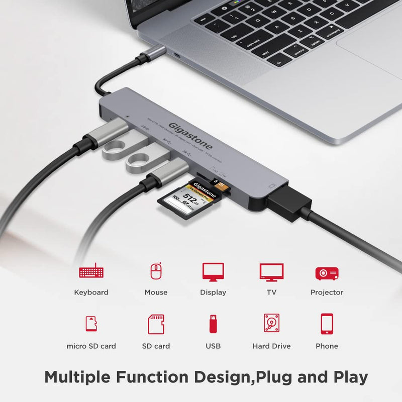 【USB C Hub】【100W Power Delivery】 Gigastone Multiport Adapter 7-in-1 with 100W Charging, 4K HDMI, USB-C & 2 USB-A 5Gbps, SD & microSD Reader, for MacBook Air, MacBook Pro, Chromebook, Zenbook, Surface