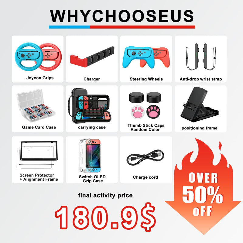 Accessories Bundle for Nintendo Switch 1/OLED, OUNFNOE 19-IN-1 Kits for Switch OLED Accessories, Carrying Case, Controller Charging Dock, Joy-Con Thumb Grips, Tempered Screen Protector, Steering Wheels for Mario Kart, Protective Console Cover