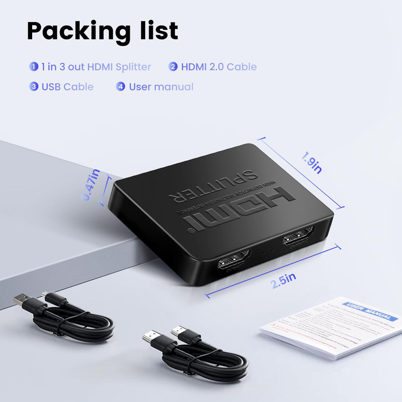 avedio links HDMI Splitter 1 in 3 Out with HDMI Cable, 4K HDMI Splitter 1X3 Duplicate/Mirror Screen, USB Power Splitter 3 Way HDMI Splitter Support 1080P@60Hz, 3D, HDR, 1 Input to 3 displays 1x3 4K@30Hz