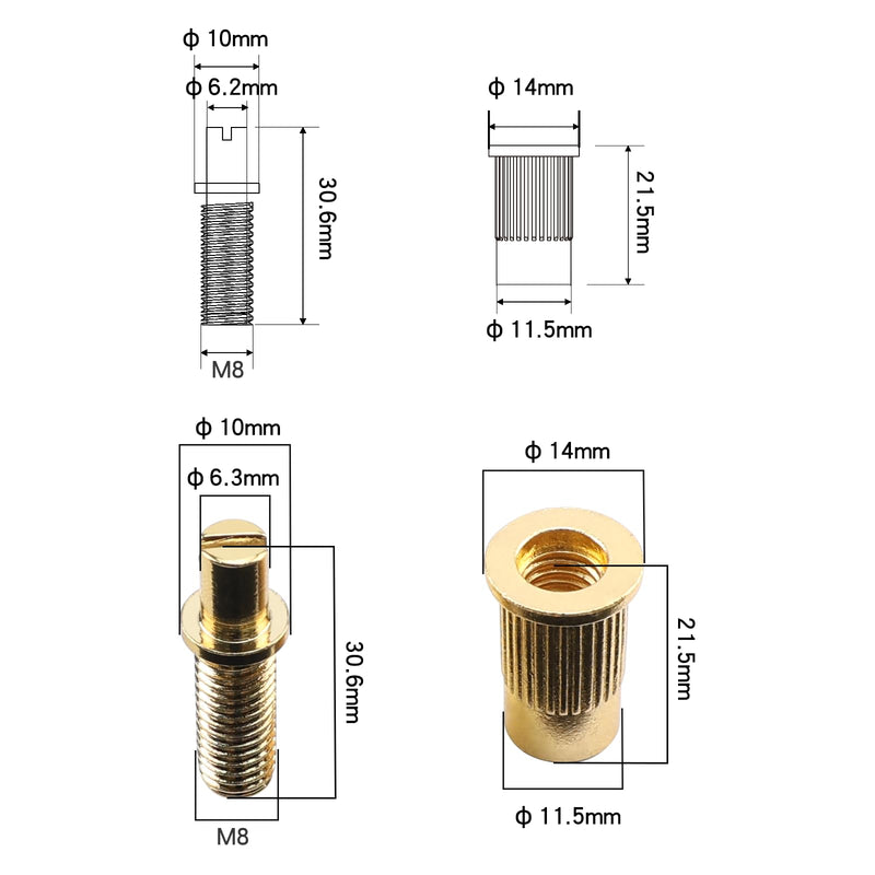 [AUSTRALIA] - Electric Guitar Bridge Studs Anchors M8 Metric Thread Mounting Studs and Inserts Bushings Compatible with Les Paul Lp Ep Style Electric Guitar Bridges Parts Replacement Gold 