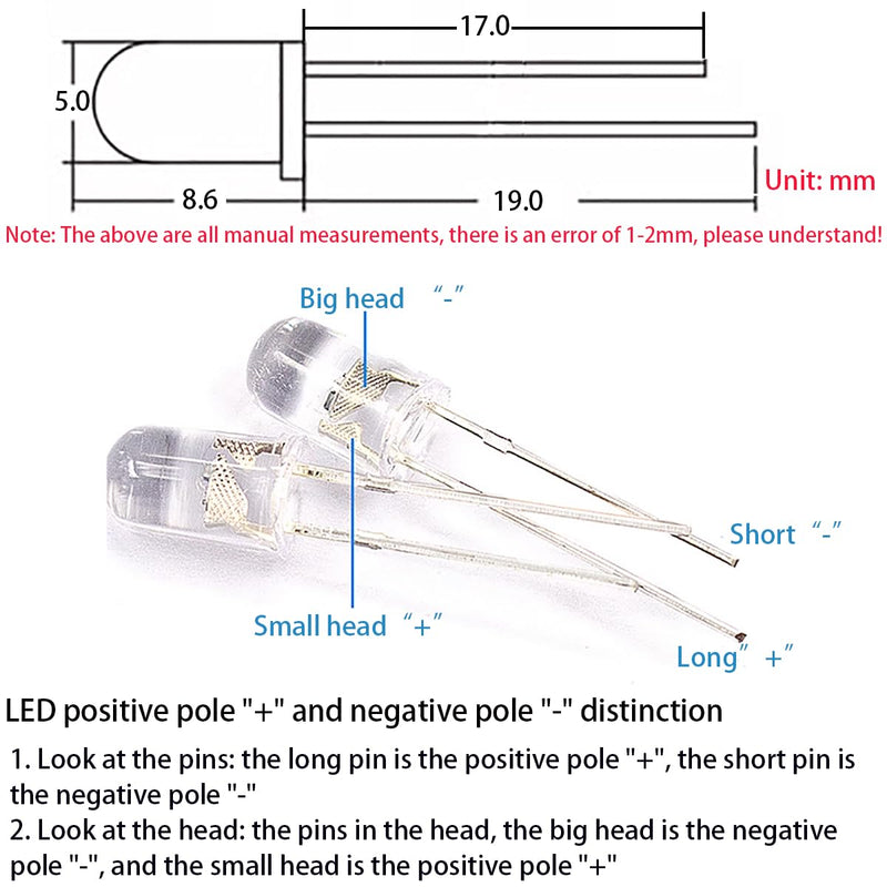 CESFONJER 500 pcs LED light diodes 5 mm, round colour diodes 5 mm 2-pin, (5 colours x 100 pcs), assorted colours white / red / yellow / green / blue kit box set.