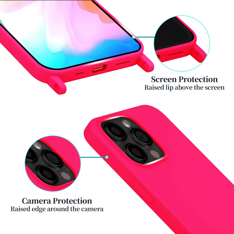 Compatible with iPhone 15 Pro Max Case with Lanyard Crossbody iPhone Case with Strap Adjustable Shockproof Drop Protection Silicone Phone Cover for iPhone 15 Pro Max 6.7’’ Neon Pink