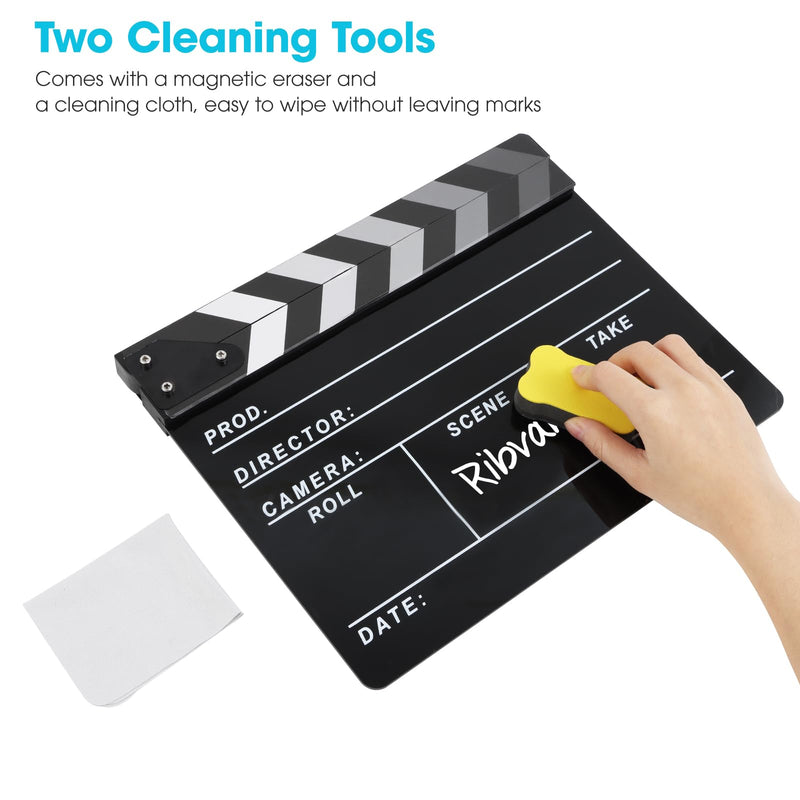 Film Directors Clapboard, Move Slate Photography Video TV Cut Action Scene Acrylic Clapper Board Props with a Magnetic Blackboard Eraser, Two Custom Pens, Cleaning Cloth and Hex Wrench (Black) Black