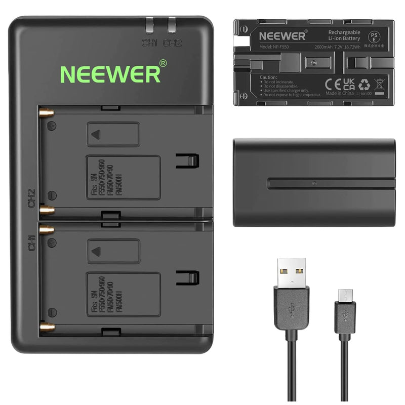 NEEWER NP-F550 Battery Charger Set Compatible with Sony NP-F970 F750 F770 F960 F550 F530 F330 F570 CCD-SC55 TR516 TR716 TR818 TR910 TR917, NEEWER Led Light/Monitor/Camera Slider (2 Pack, Black)