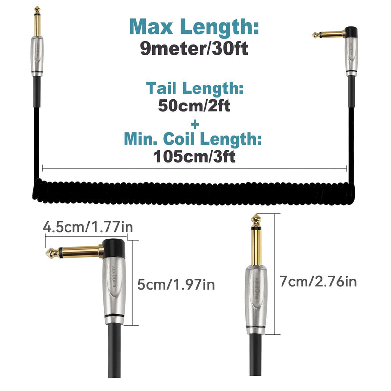 Curly Guitar Cable 30ft, Coil Electric Instrument Guitar Bass Cord AMP Lead 1/4 Straight to Angled Light Blue Straight-Angled