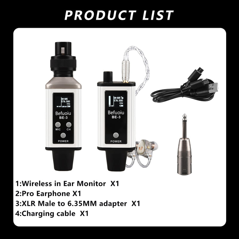 UHF Wireless In Ear Monitor System with Pro Earphone, Metal Wireless IEM System, 16 Adjustable Channel, Portable Rechargeable Transmitter and bodypack Receiver for Studio, Band, Live Performance White