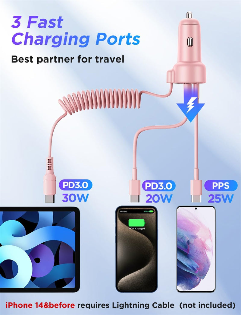 USB C 60W Super Fast Car Charger PD& QC3.0 with 5ft 30W Type C Coiled Cable, Car Phone Charger Adapter for iPhone 15 Pro Max Plus, Samsung Galaxy S23/S22/S21, Google Pixel/Moto/LG/Android, iPad Pro