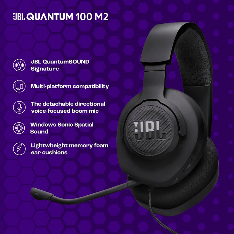 JBL Quantum 100M2 Wired Gaming Headset, Detachable Mic - Black | Memory Foam Ear Cushions And 3.5 Mm Jack Work With PC, PlayStation, Xbox, Nintendo Switch For Immersive PC Gaming Sessions