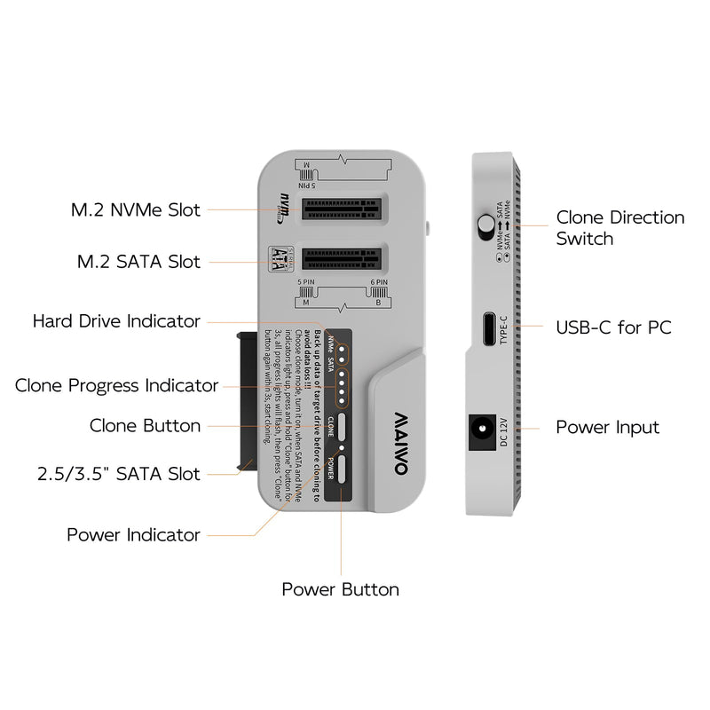 MAIWO M.2 NVMe to 2.5 3.5 SATA SSD HDD Cloner, USB-C 10Gbps SATA to NVMe Bidirectional Clone Docking Station, Tool-Free Hard Drive Reader Adapter Duplicator (K10835N)