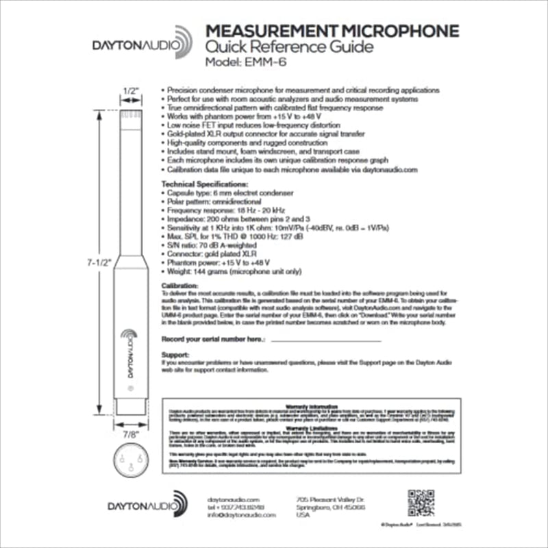 Dayton Audio EMM-6 Precision Omnidirectional Electret Condenser Microphone for Room Acoustic Analyzers and Audio Measurement Systems, Calibration Data File with Response Graph Included