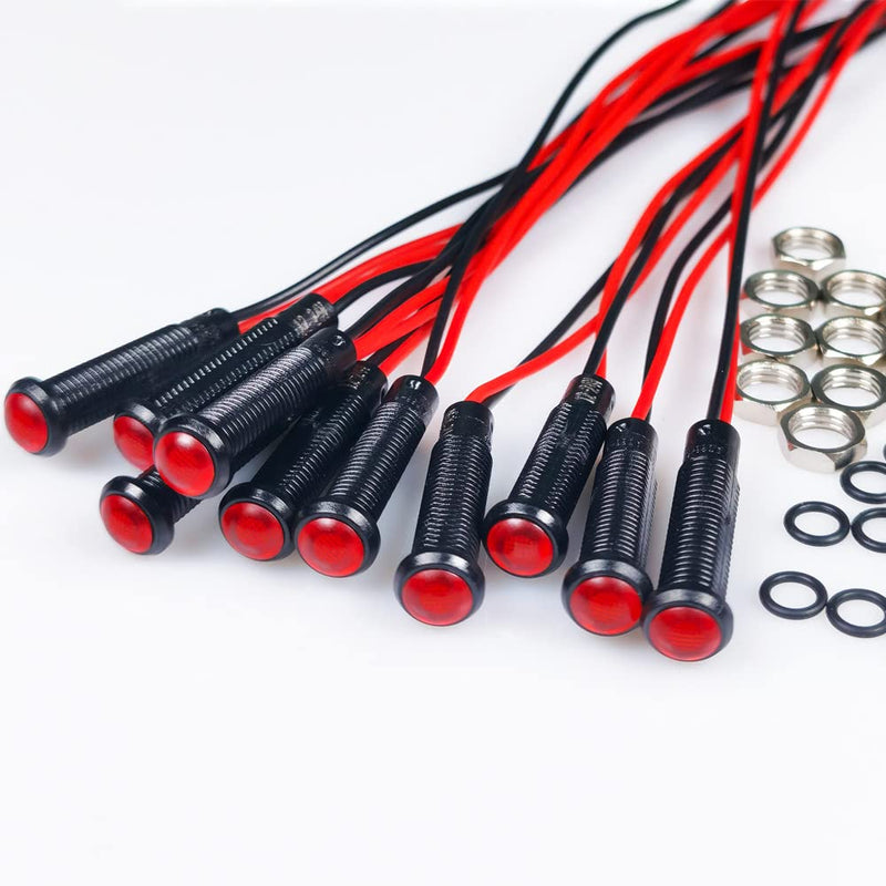 10pcs LED Plastic Indicator Pilot Light AC/DC 12-24V Mounting Hole Size 6mm(Red) red/12-24V/black shell