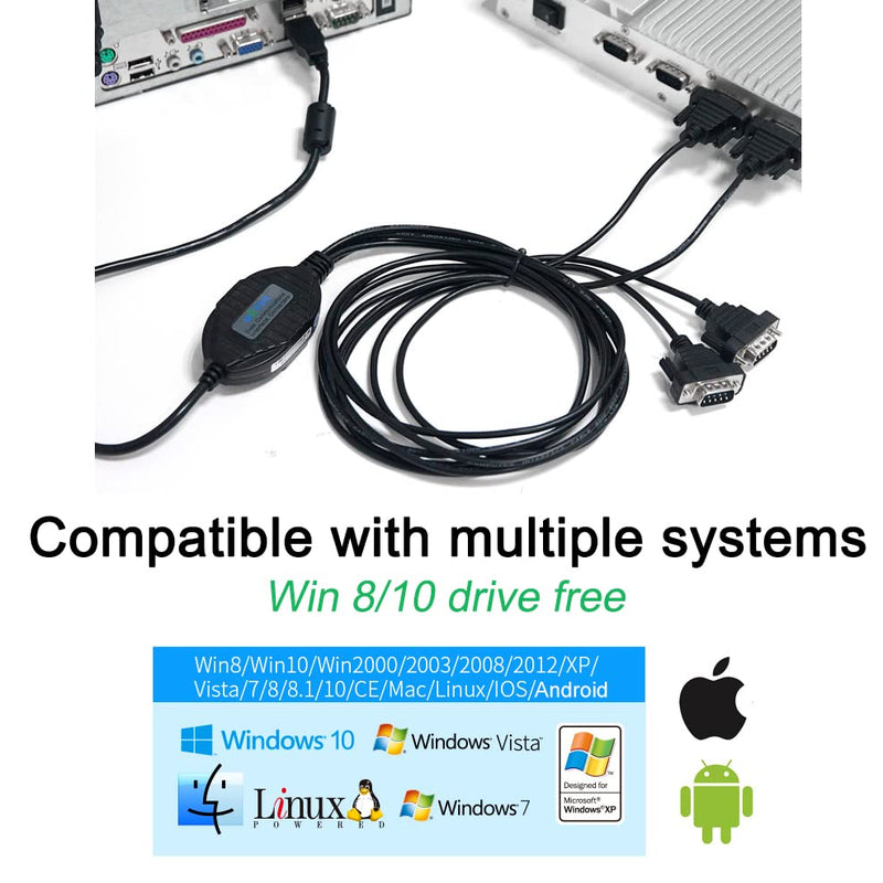 USB to 4-Port 9-Pin RS-232 Cable Converter, 4.9FT USB V2.0 to DB9 RS232 Serial Adapter Gold Plated for Win 10/8.1/8/7/Vista/XP/Mac UT-8814