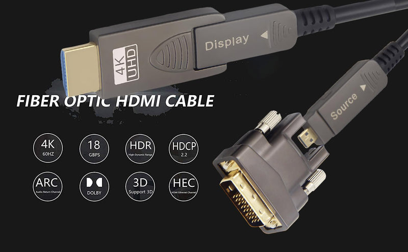 30ft 4K HDMI DVI Cable, Fiber Optic HDMI Cable, Micro HDMI to HDMI, Detachable Type A to DVI, D to DVI, 18Gbps Ultra Speed, Slim Flexible, Long Extended, for Projector TV Xbox PS 30ft Fiber 4K HDMI AD+DVI