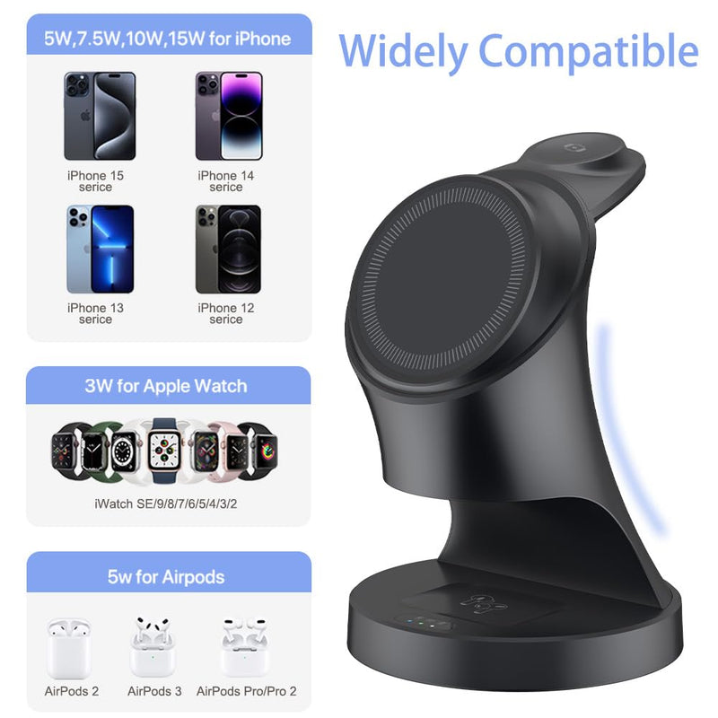 Wireless Charger,3 in 1 Magnetic Wireless Charger Stand, Fast Wireless Charging Dock for iPhone16/15/14/13/12 Series, Apple Watch Series, AirPods Pro. Black