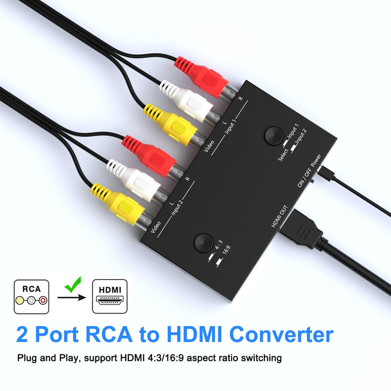 2 Port RCA/AV to HDMI Converter Adapter Support 16:9/4:3 for WII/N64/PS1/PS2/PS3/VHS/VCR/DVD Players etc(2 AV in 1 HDMI Out) 2Port AV to HDMI Converter