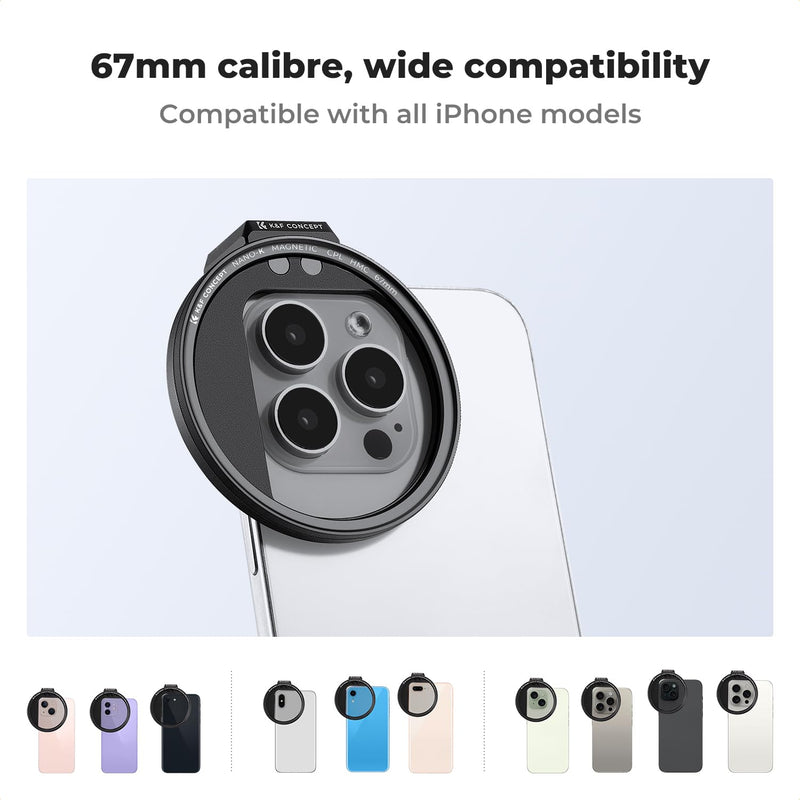 [AUSTRALIA] - K&F Concept Clip On 67mm CPL Magnetic Phone Lens Filter Kit, Phone Clip with Magnetic Adapter Ring/Cold Shoe/Locking Knob, Polarizer Filter for iPhone 16 15 Pro Max 14 13 