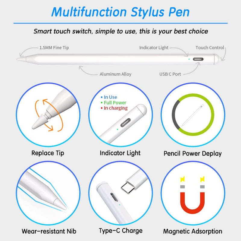 Stylus Pen for iPad with Palm Rejection, Pencil 2nd Generation Compatible with 2018-2022 Apple iPad 6/7/8/9 iPad Air 3/4/5 iPad Pro 11/12.9 Inch iPad Mini 5/6, Smart Bluetooth Pen for Writing Drawing