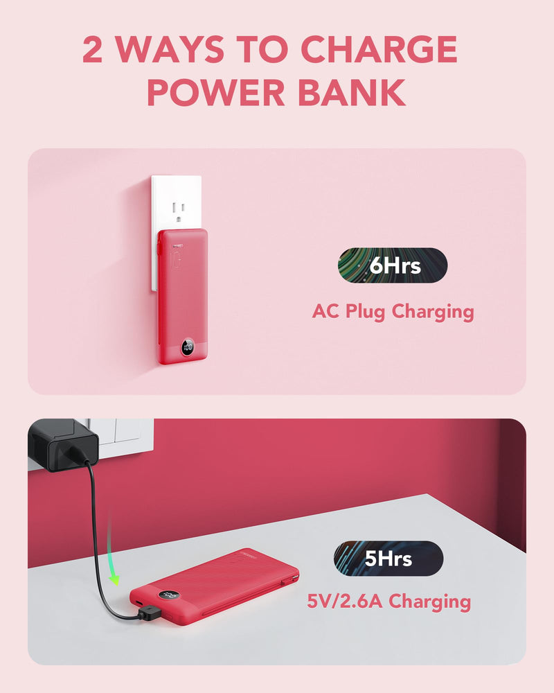 VRURC Portable Charger Built-in Cables and AC Wall Plug, USB C Power Bank 10000mAh, [2023 Upgraded Version] Phone Charger Compact Lightweight External Battery Pack for Smart Phones, Tablets etc-Red Red
