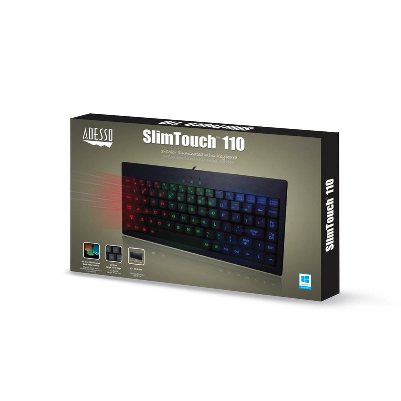 Adesso AKB-110EB - SlimTouch 110 3-Color Illuminated Mini Keyboard, 12 inches, Black
