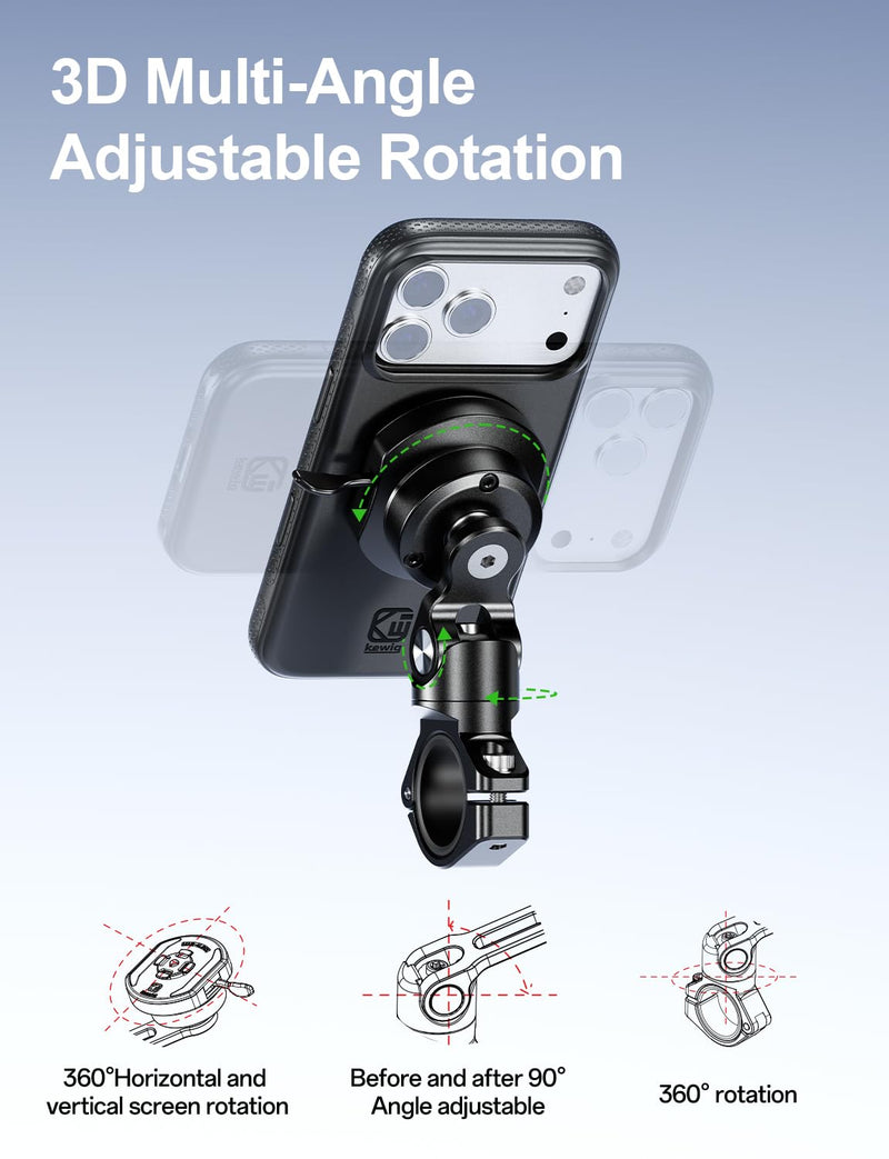Kewig Aluminum Alloy Motorcycle Magnetic Phone Mount with Magnetic 4-Lock‌ | Vibration Dampener, 1s Auto Lock Bike Phone Holder with Metal Arm & Mounting Base, for 0.87"/1"/1.125"/1.26" Handlebar Short Arm