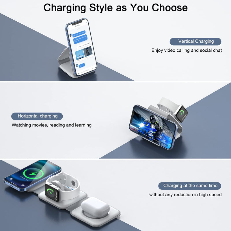 Wireless Charger 3 in 1,RTOPS Magnetic Travel Wireless Charging Station Multiple Devices,GaN 3 in 1 Charging Station,Compatible for iPhone15/14/13/12/Pro/Max,iWatch,AirPods 3/2/Pro(Adapter Includes) white