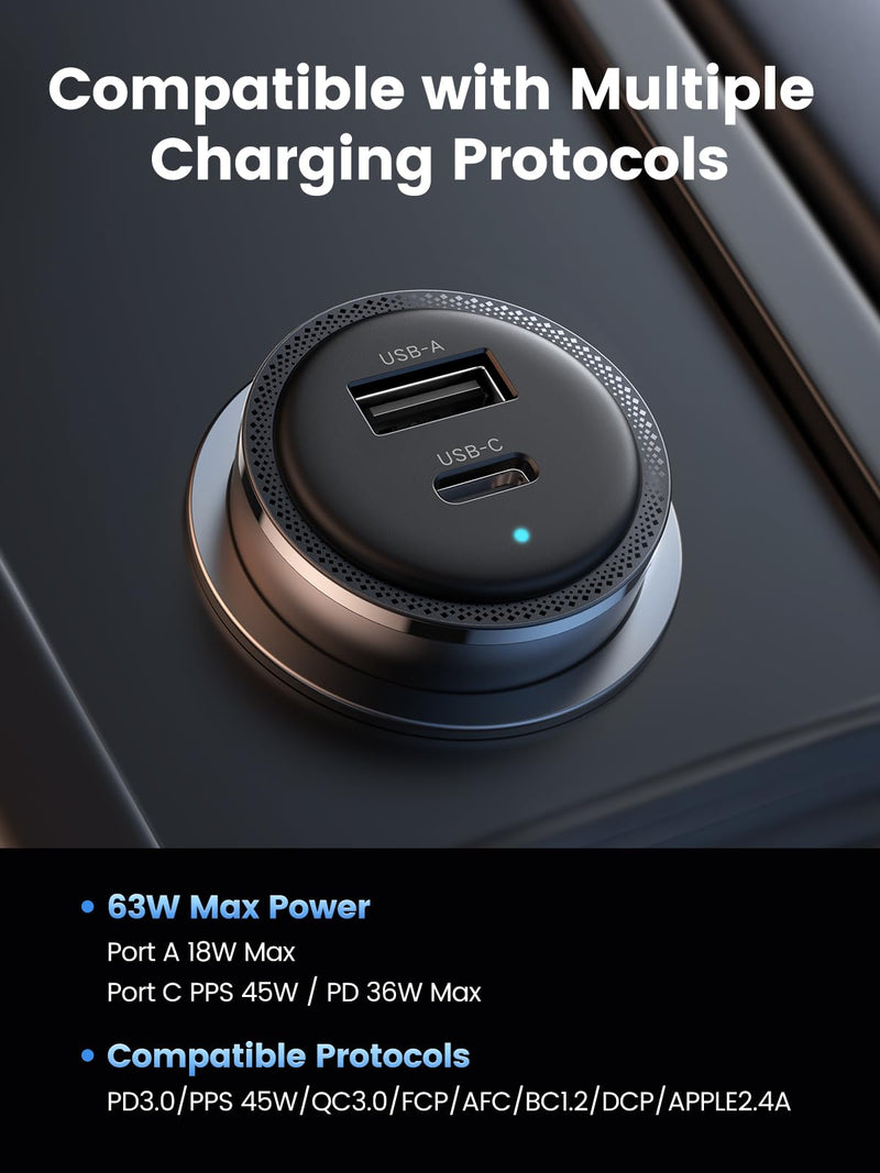 UGREEN 63W 2-Port USB C Car Charger, Type C Cigarette Lighter Adapter | 1 USB-C 1 USB-A, Compatible with iPhone 17 Air 17 Pro 17 Pro Max 16 15 14 13 12, Galaxy S25 S24 S23 Ultra, iPad
