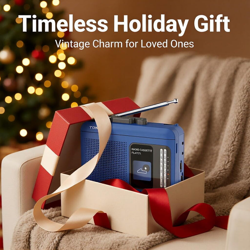 [AUSTRALIA] - Portable Cassette Tape Player Recorder with AM/FM Radio, Built-in Speaker & Microphone, 3.5mm Headphone Jack, Walkman Style, USB/Battery Powered, Retro Blue 