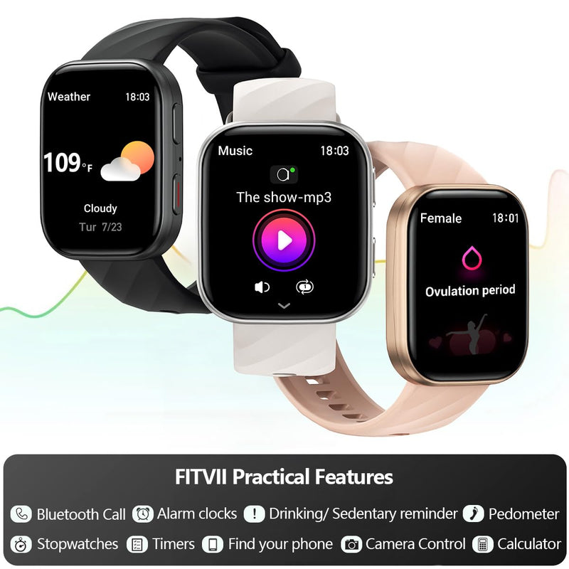 FITVII Health & Fitness Tracker (Answer/Make Calls), Smart Watch with 24/7 Heart Rate and Blood Pressure, Sleep Tracking, Blood Oxygen Monitor, 120+ Sport Modes Activity Tracker for Women Men Black 1.85