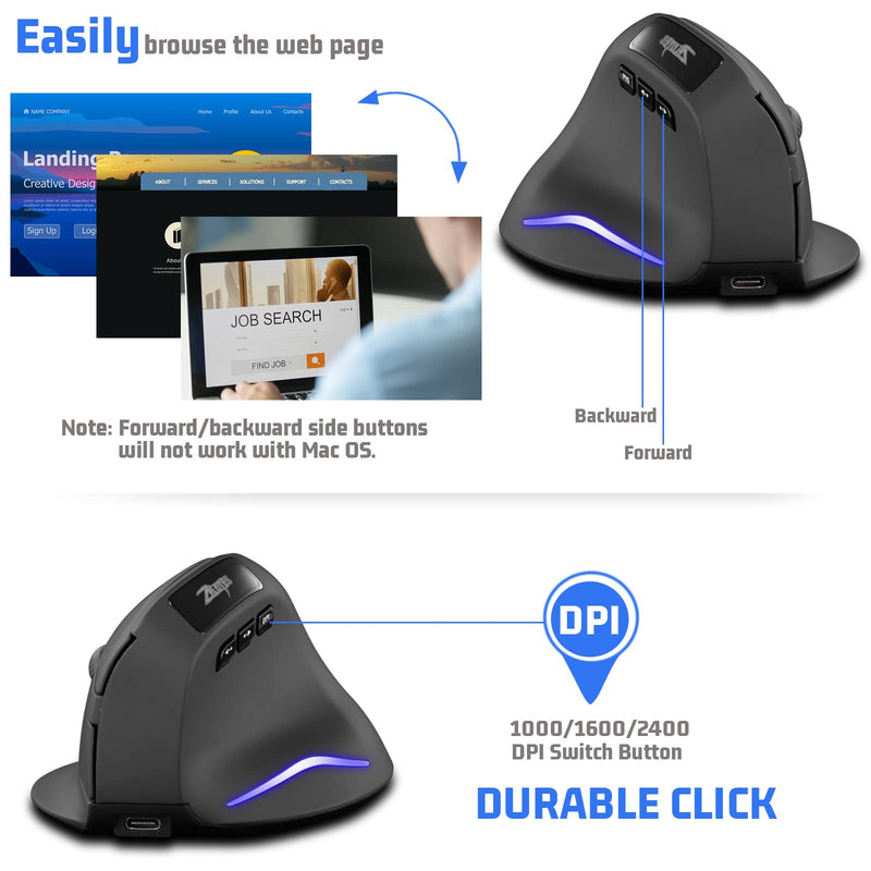 Wireless Vertical Mouse, 2.4G Wireless Ergonomic Vertical Computer Mouse with 3 Adjustable DPI 1000/1600/2400, Rechargeable Laptop Mouse-Reduce Wrist Pain Compatible with PC, Desktop,Mac (Black)… Black