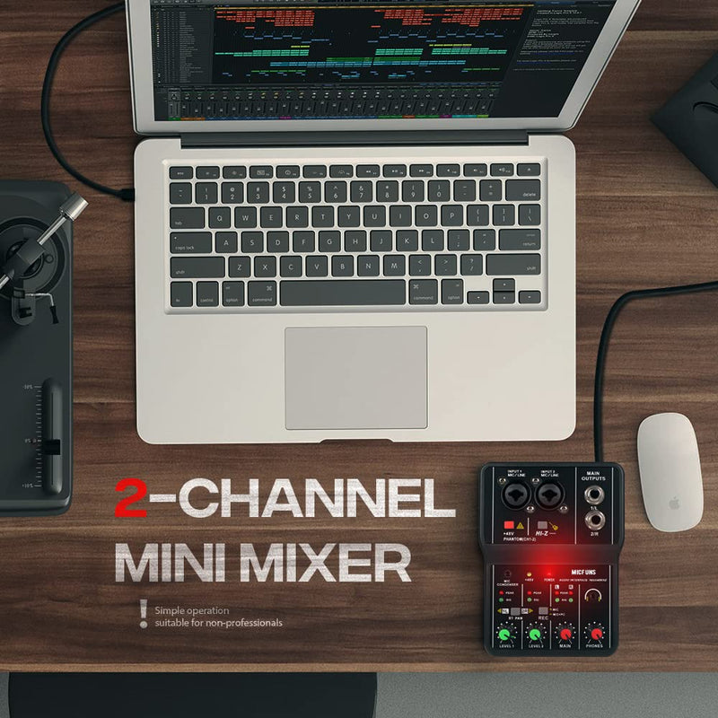 [AUSTRALIA] - Mini 2 channel audio DJ mixer console interface with 48V phantom power Combo Jack Microphone/Guitar XLR+6.35mm, 3.5mm Stereo in, Headphone Jack for studio live show,party recording 