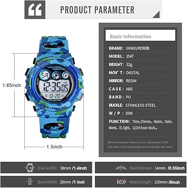 Kids Watch Sport Multi Function 30M Waterproof LED Alarm Stopwatch Digital Child Wristwatch for Boy Girl Light Blue Camouflage