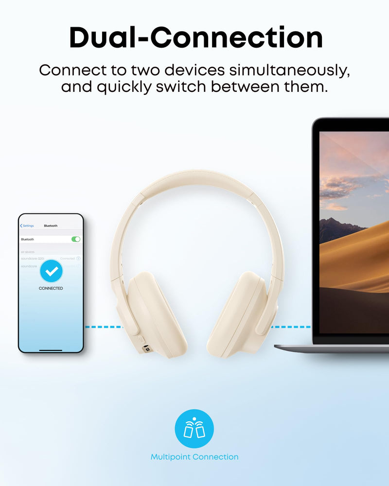 Soundcore by Anker Q20i Hybrid Active Noise Cancelling Headphones, White | Over-Ear, Bluetooth, 40H ANC Playtime, Hi-Res Audio, Big Bass, Transparency Mode, Customize via App, Travel, Home, Office Almond White Standard Modern